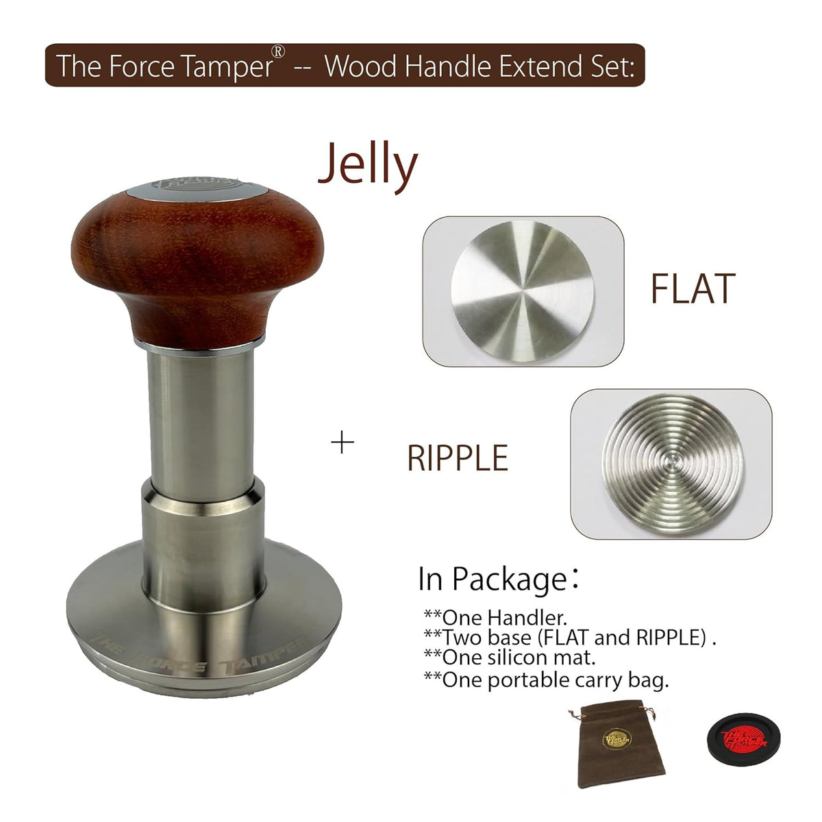The Force Tamper Automatic Impact Adjustable Constant Pressure and Autoleveling Coffee Tamper Reddish Brown Jellyfish Wooden Handle Set Pro (Extend Set, 58.35mm)