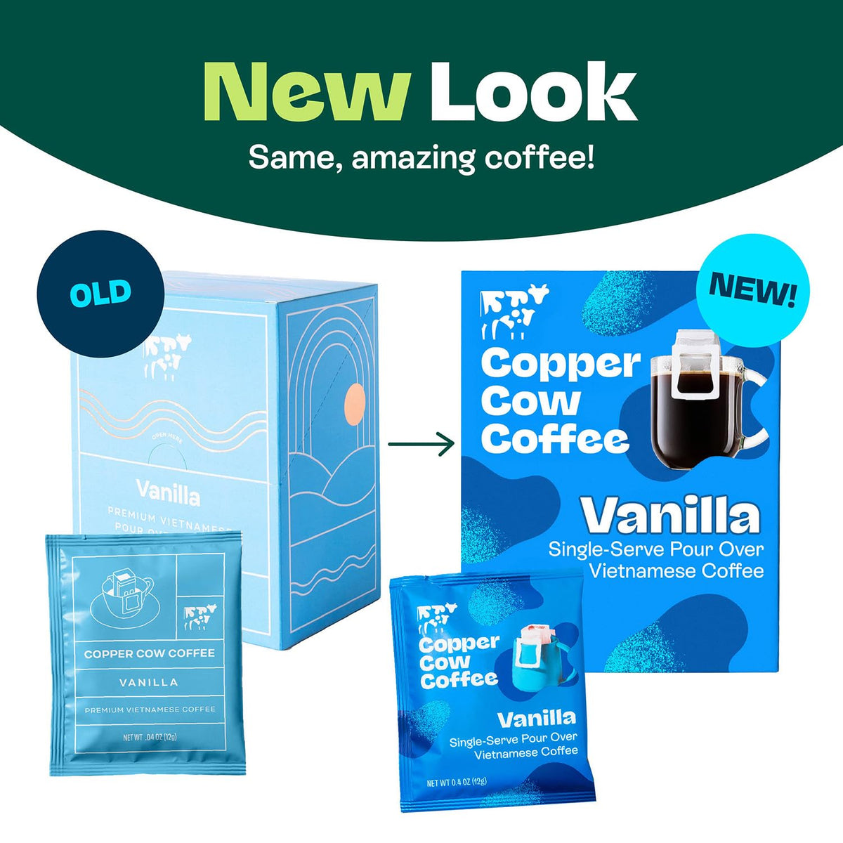 Copper Cow Premium Pour Over Single-Serve Vietnamese Coffee | Vanilla | Dark Roast | Flavored with Vanilla Beans | Includes 8 Coffees
