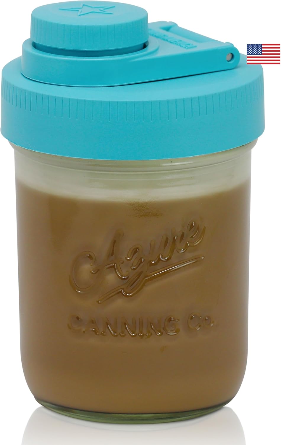Brewing America Creamer Jar with Pouring Lid, 1 Pint (16 oz) Azure Mason Jar with Teal Wide Mouth Pour Lid for Milk, Sugar, and Cream, 1-Pack (Teal)