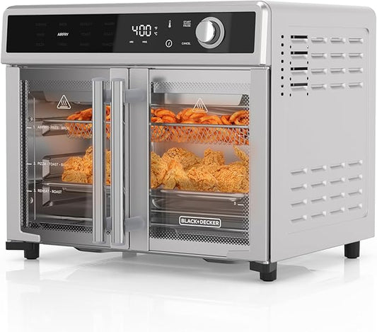 BLACK+DECKER Crisp 'N Bake Air Fryer Toaster Oven Combo, 12 in 1 Countertop Convection Oven Cooks Food Fast, Fits a Whole Pizza or 6 Toast Slices, French Doors with Stainless Steel Finish