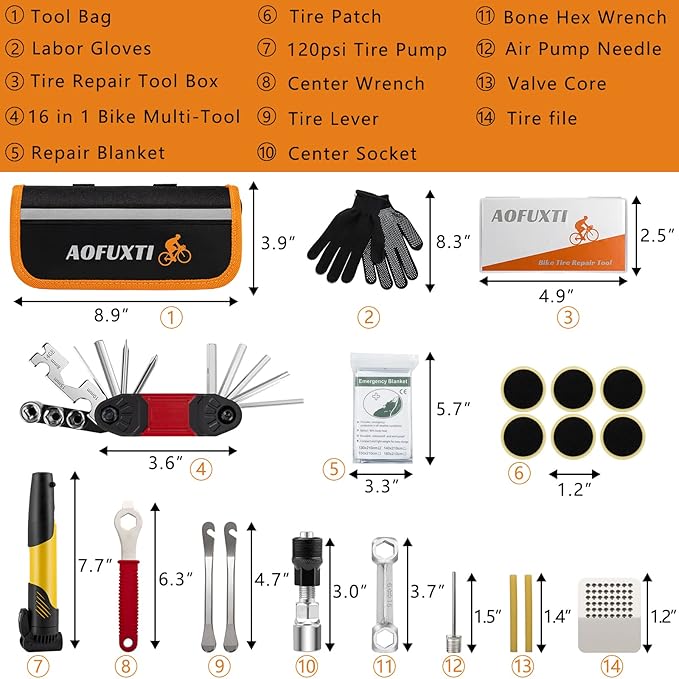 Bicycle Tire Patch Repair Kit, Bike Chain Repair Wrench, Essential Mini Pump, Portable Adult Bicycle Toolkit Accessories,Tool Kit for Camping Travel, Best Gifts for Men and Women