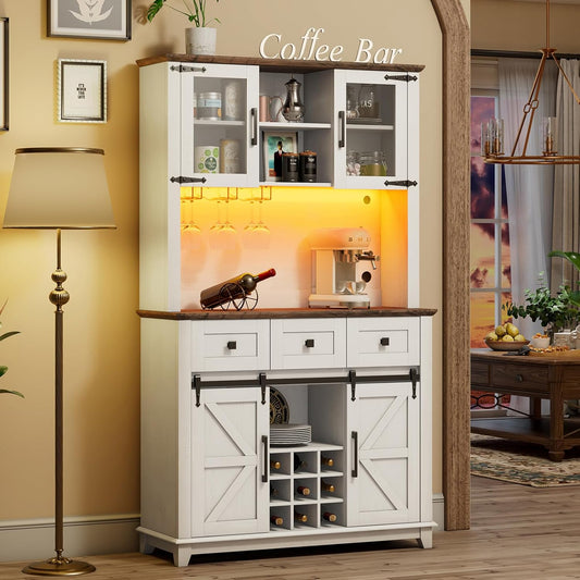 72" Coffee Bar Wine Cabinet with Sliding Barn Door & LED Lights, Sideboard Buffet Cabinet with Wine Bottle Rack, 3 Drawers, Storage Cabinet for Kitchen, Dining Room, White