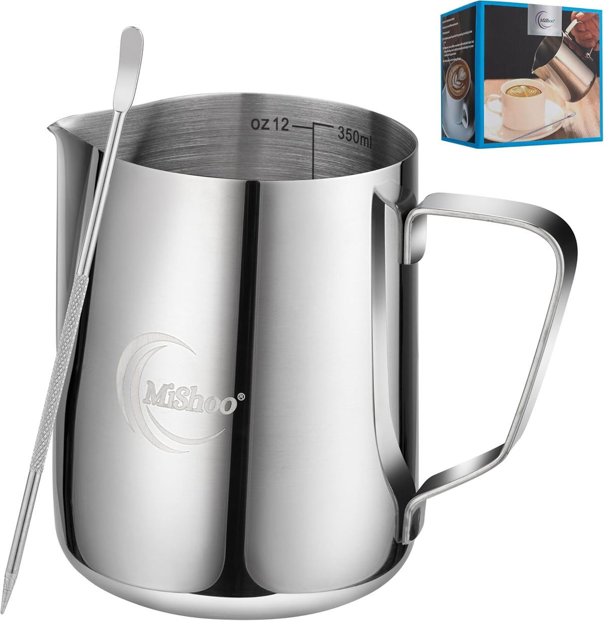 MiShoo® Milk Frothing Pitcher, 12oz Steaming Pitcher 304 Stainless Steel Espresso Machine Accessories for Coffee Bar, Cappuccino Barista Tools Milk Jug Steamer Frother Cup with Latte Art Pen