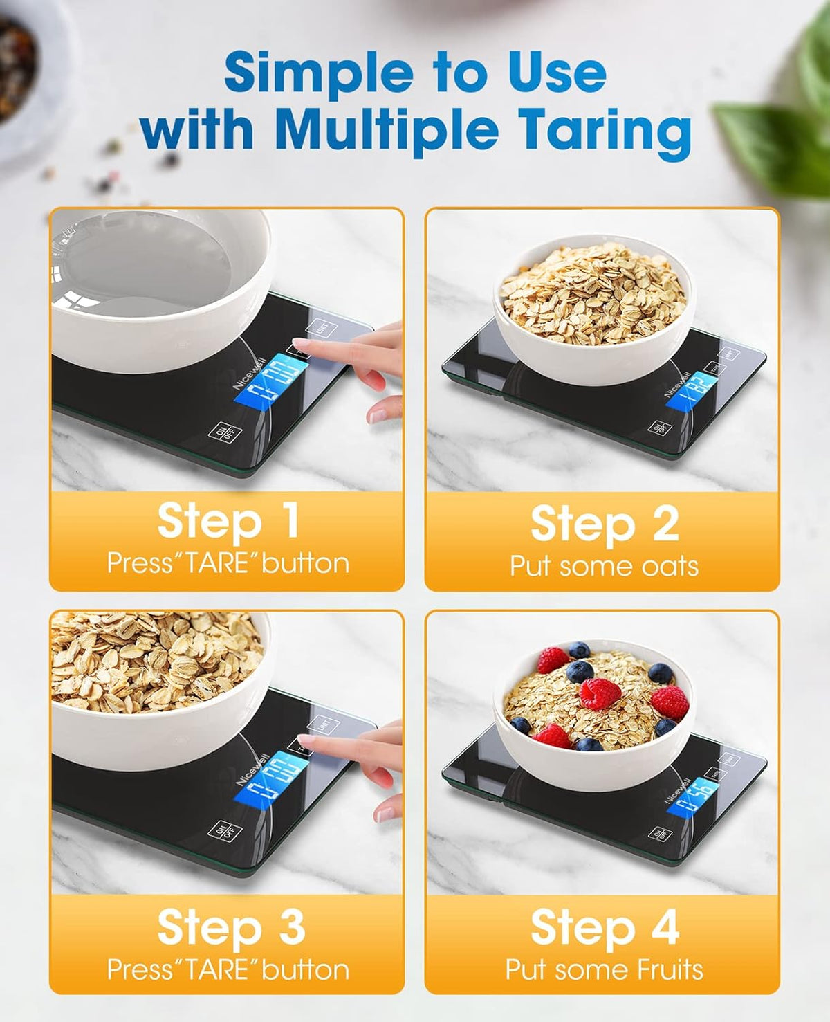 Nicewell Food Scale Digital Weight Grams and oz, 22lb Kitchen Scale for Cooking Baking, 1g/0.1oz Precise Graduation, Sleek Tempered Glass Platform (Black)