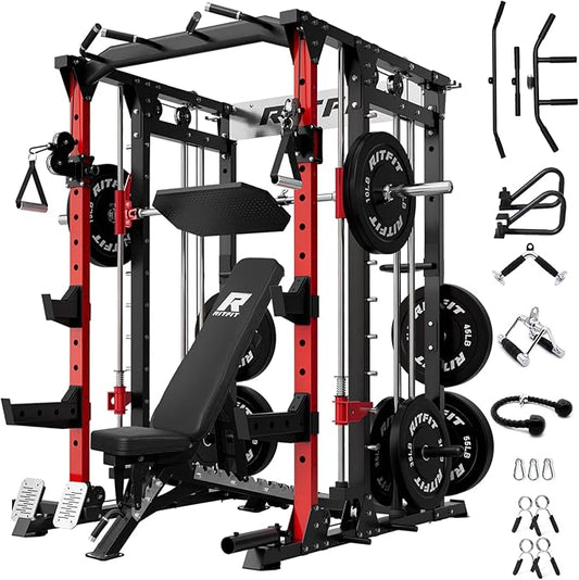 RitFit Buffalo Smith Machine, Power cage with LAT-Pull Down System & Cable Crossover System, All-in-One Squat Rack for Home Gym, Power Rack