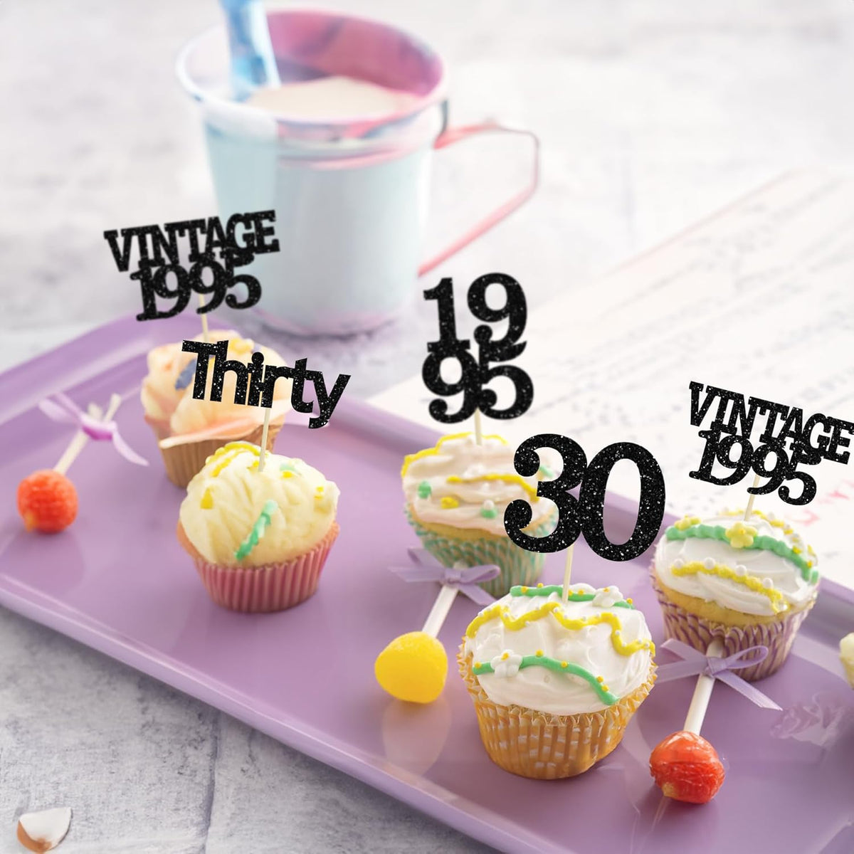Gyufise 24Pcs Vintage 1995 Cupcake Toppers Cheers to 30 Fabulous Thirty Cupcake Picks Decorations for 30th Birthday Wedding Anniversary Party Supplies Black