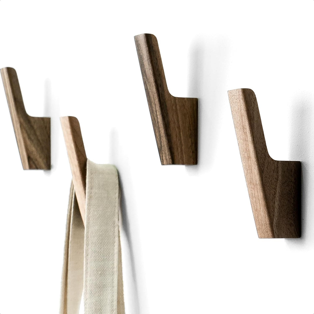 Wall Hooks - Set of 4 - Dark Walnut or Light Ash Wood Coat Hooks for Hanging Hat, Purse, Backpack, Bag, Jacket. Modern Farmhouse Decor for Wall and Practical Entryway Hooks (Walnut Wood)