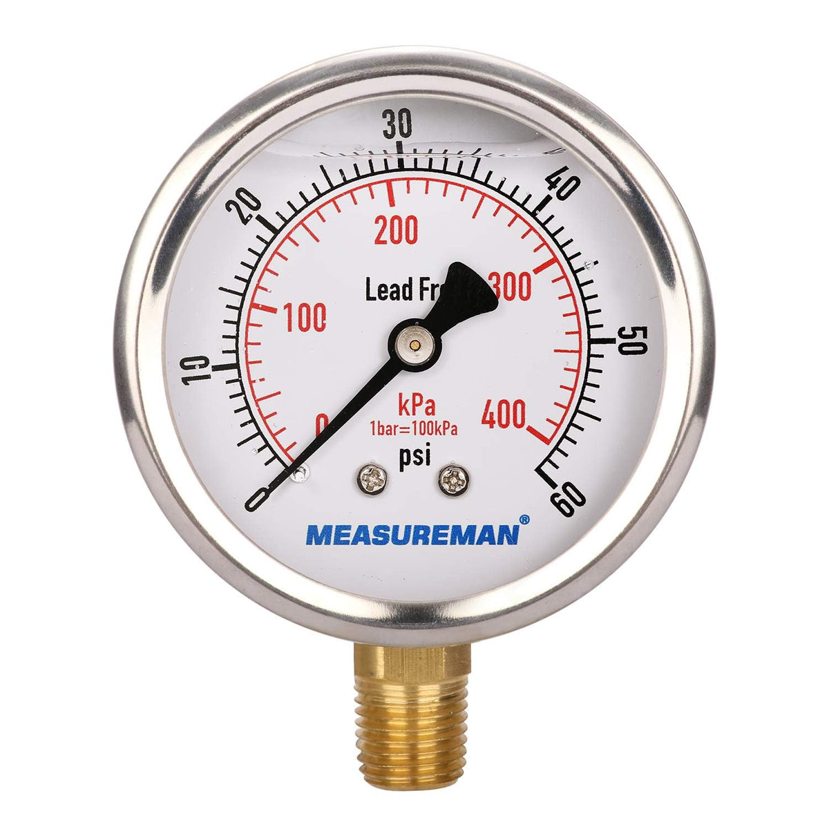 MEASUREMAN Lead-Free Pressure Gauge, 2-1/2inch Dial, Glycerin Filled, 0-60psi/kpa, Stainless Steel Case, 1/4inchNPT Lower Mount