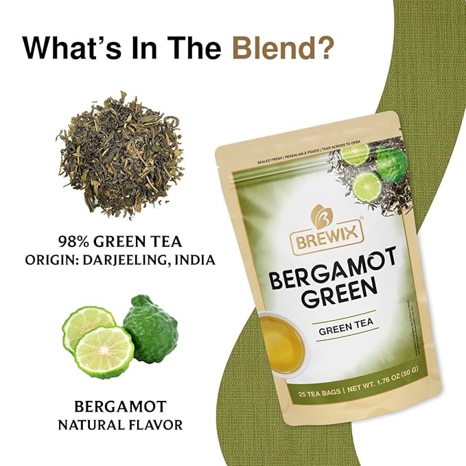 BREWIX, Bergamot Green Tea (25 Pyramid Tea Bags) | Caffeinated Tea Loose Leaf Earl Grey Green Tea With Pure Bergamot | High Elevation Grown