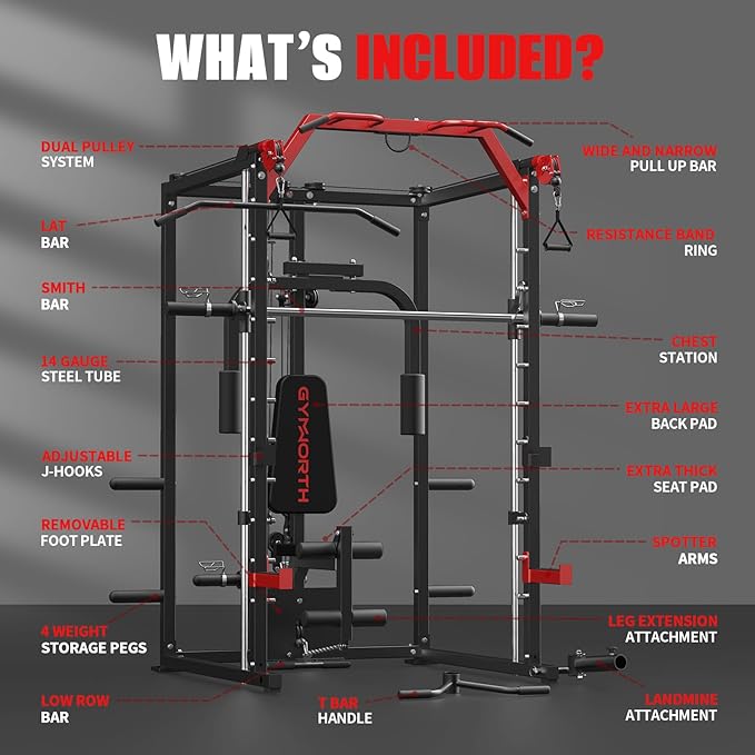 Smith Machine, Power Rack with LAT Pulldown System, Power Cage with Cable System, Squat Rack for Home Gym with Chest Press Machine, Spotter Arms, Leg Curl Attachment and More