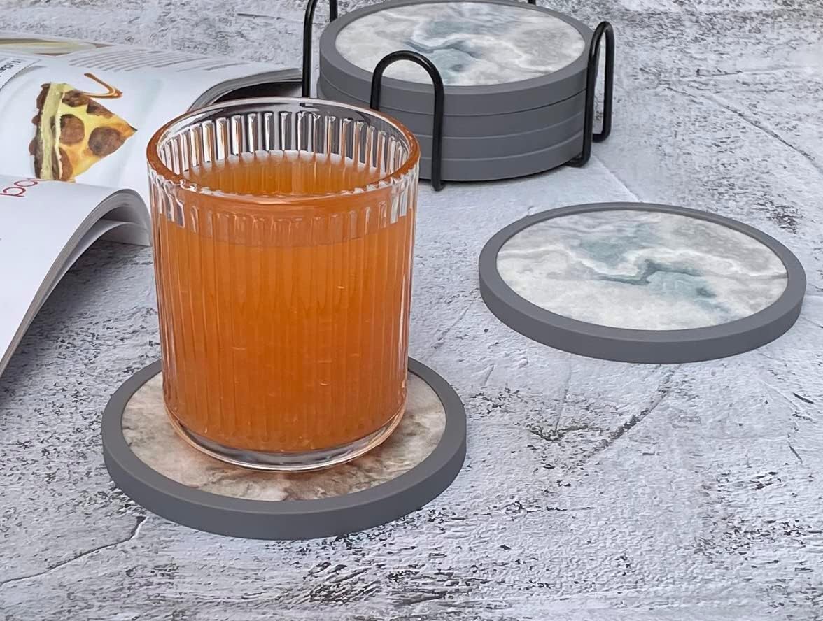 Absorbent Coasters for Drinks with Holder - 6packs, Silicone Coaster with Soft Felt Insert (4.3 inch Coasters with 4.5 inch Holder, Marble Style)