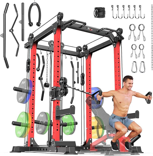 Power Cages Multi-Purpose Squat Rack with Cable Crossover System, Matching Weight Bench, Olympic Barbell Weight Set for Garage and Home Gyms