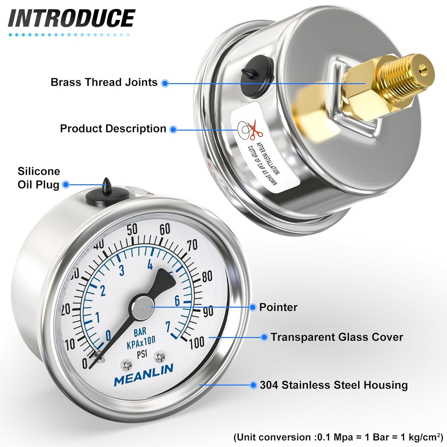 MEANLIN MEASURE 0~100Psi Dry Pressure Gauge Stainless Steel 1/8" NPT 2" FACE DIAL Waterproof for Well Pump Water Tire Water Pressure Tester Back Mount with 1/4" NPT and 3/8" NPT Hex Bushing