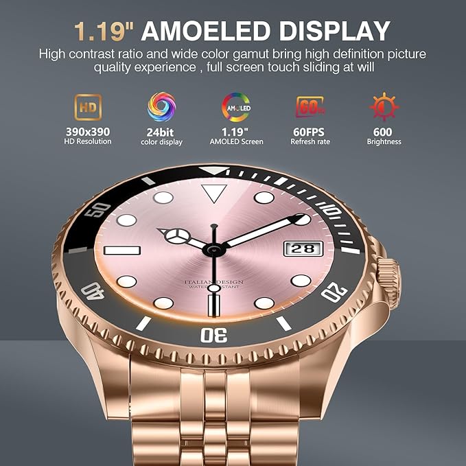 2025 DA GPT Smart Watch, Deep Search, Heart Rate, Blood Pressure, Blood Oxygen, Sleep Monitor, 107 Sports Modes, Waterproof Round Watch, 1.19-inch AMOLED Display, Compatible Android and iOS Gold Metal
