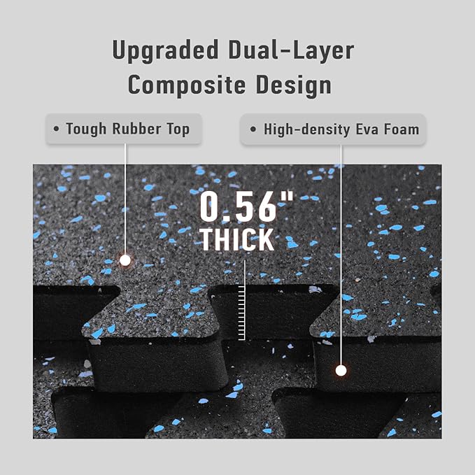 AIRHOP 0.56in Thick 48 Sq Ft Exercise Equipment Mats, 12 Tiles Upgraded Rubber Top with High Density EVA Foam, Large Interlocking Puzzle Gym Flooring for Home Gym, Heavy Weight Workout,Black & Blue