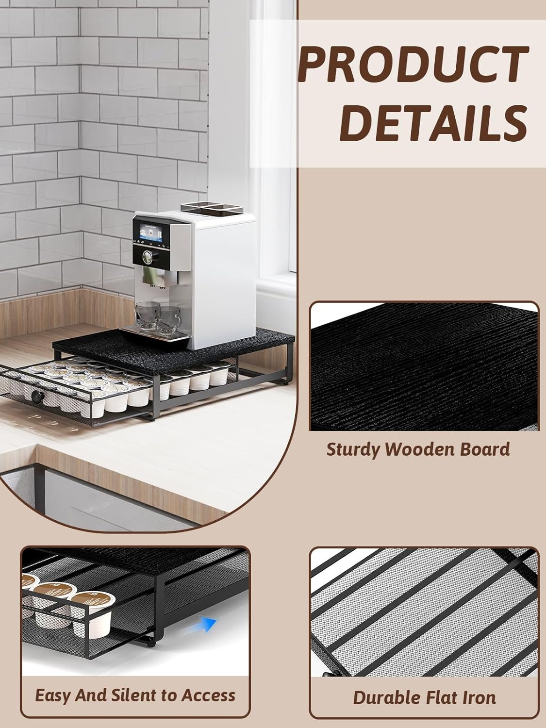 K Cup Organizer, Coffee Pod Holder Drawer, Under Brewer Storage Organizer with Sliding Drawer holds up to 35 K-Cup Pods, No Assembly Needed, Black