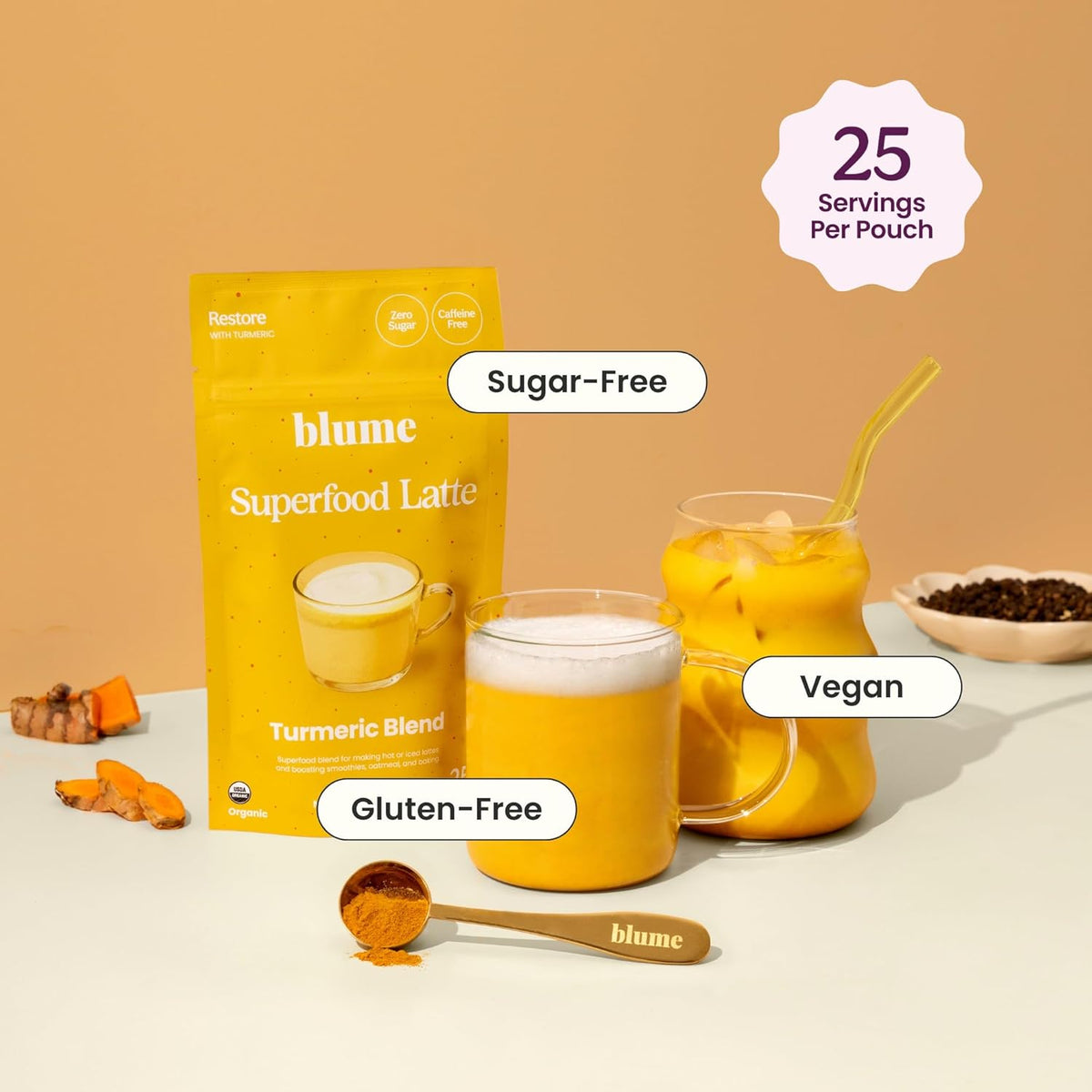 Blume Superfoods Latte - Turmeric Powder and Ginger Powder - Golden Milk, Cardamom, Ginger Root, Caffeine Free, Sugar-Free, Organic - Vegan, Keto Friendly, Gluten-Free - 25 Servings