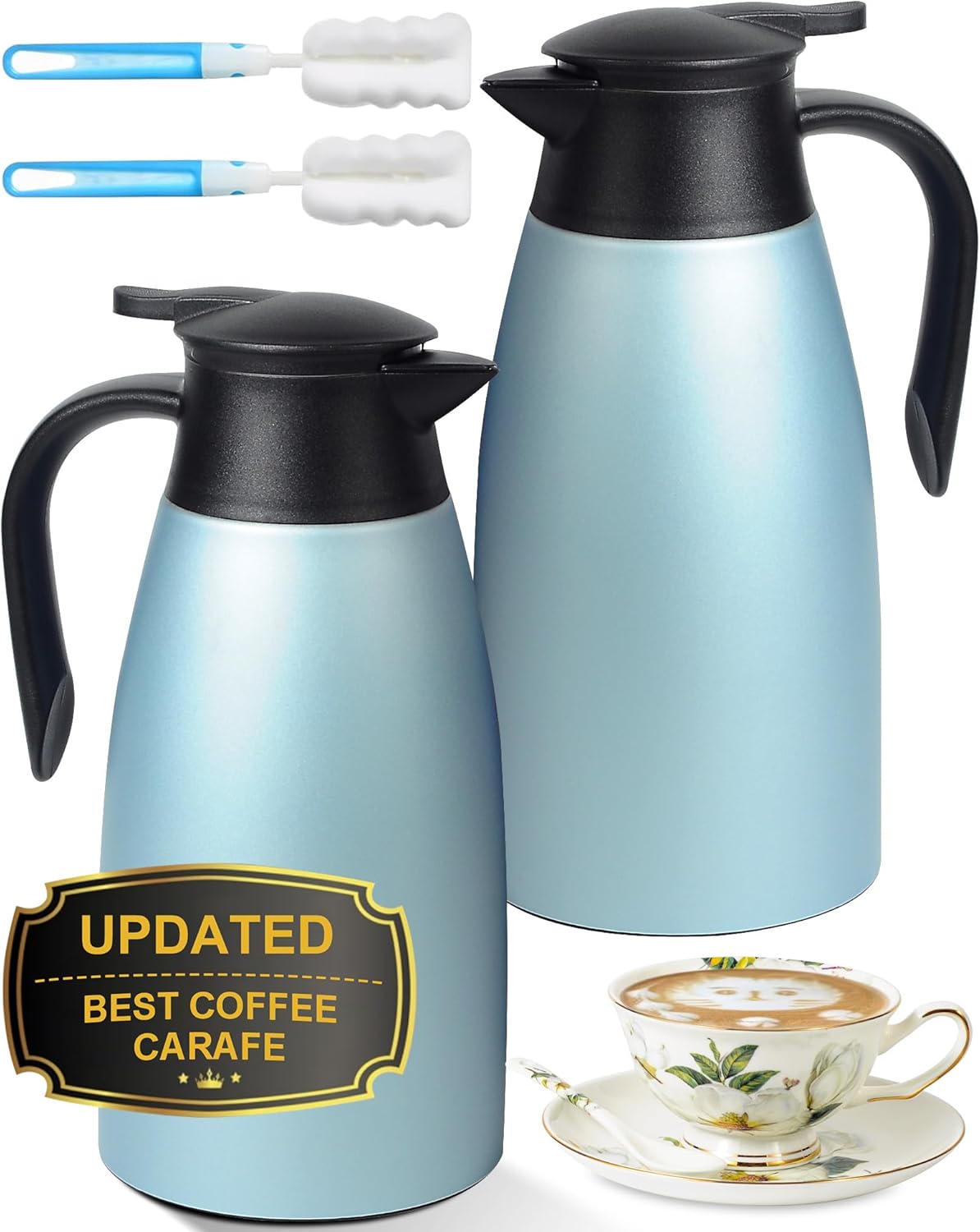 70 OZ Updated Thermal Coffee Carafe for keeping hot, 2 PCS Carafes for hot liquid, Insulated Coffee Carafe Stainless Steel Vacuum Thermal Pot for Coffee, Hot Water,Keep Hot 12 Hours (Blue+Blue)