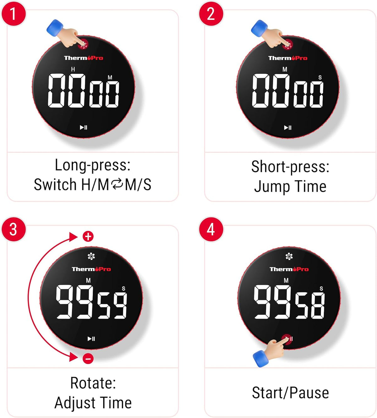 ThermoPro 99-Hour Digital Kitchen Timer with Strong Magnetic & Stable Stand, Classroom Timers with 3-Volume-Level, Stopwatch/Timer with Large LED Display, Digital Timers for Classroom, Office & Gym