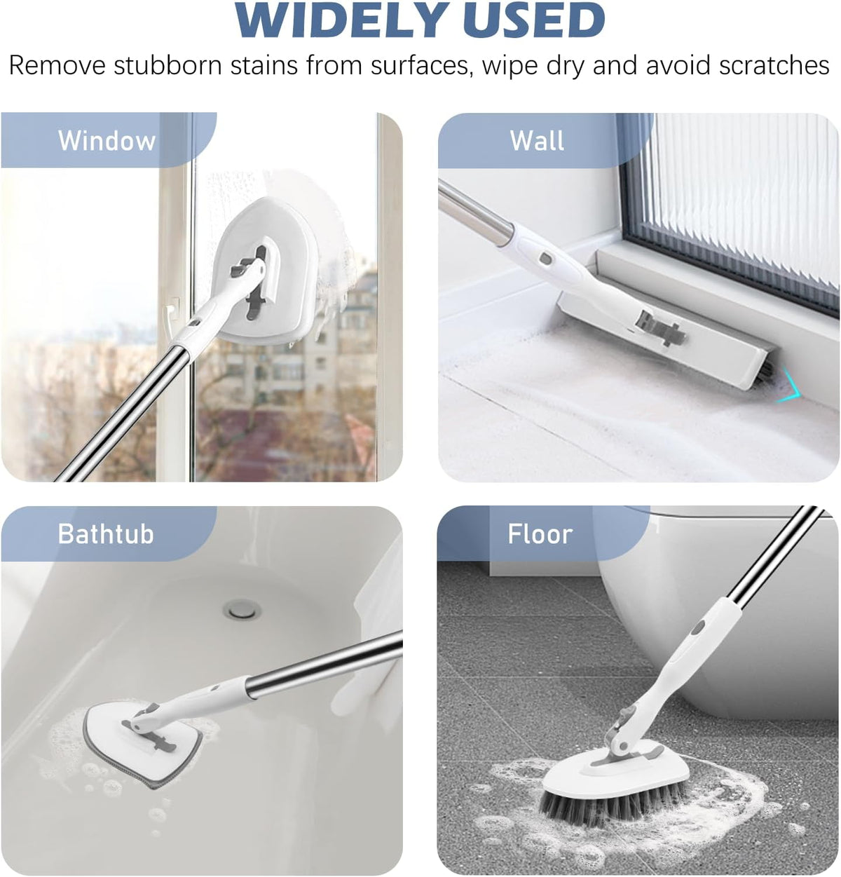 SetSail 4-in-1 Tile Tub Floor Scrubber with 52-inch Long Adjustable Handle Shower Cleaner Brush with V-Shaped Grout Brush and 3 Replacement Brush Heads for Bathroom Kitchen Sink Walls Tub Tile, White