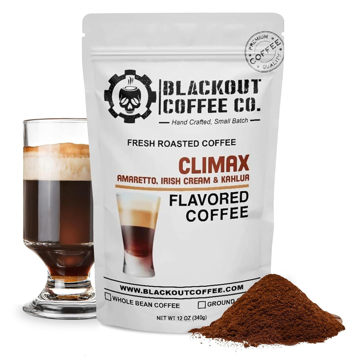 Blackout Coffee Climax Amaretto, Irish Cream & Kahlua Flavored Ground Coffee, Medium Roast - Ground Coffee, Fresh Roasted In the USA,12 oz Pouch