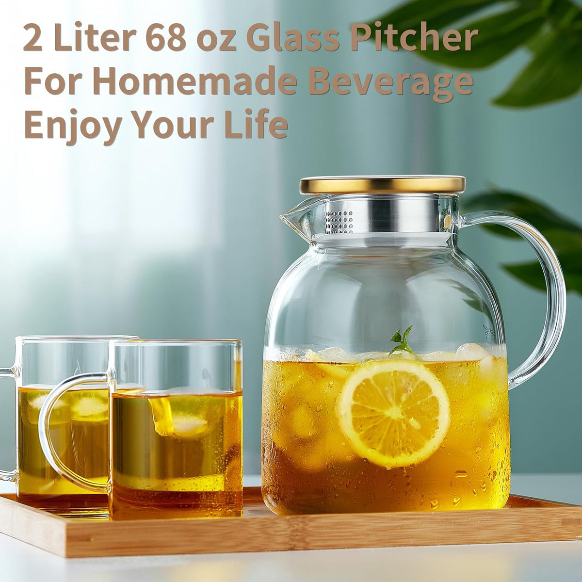2L 68OZ Glass Pitcher with Lid and Spout, Water Jug, Glass Water Pitcher Carafe for Hot/Cold Water 2000ml for Fridge, Large Iced Tea Jug for Homemade Beverage
