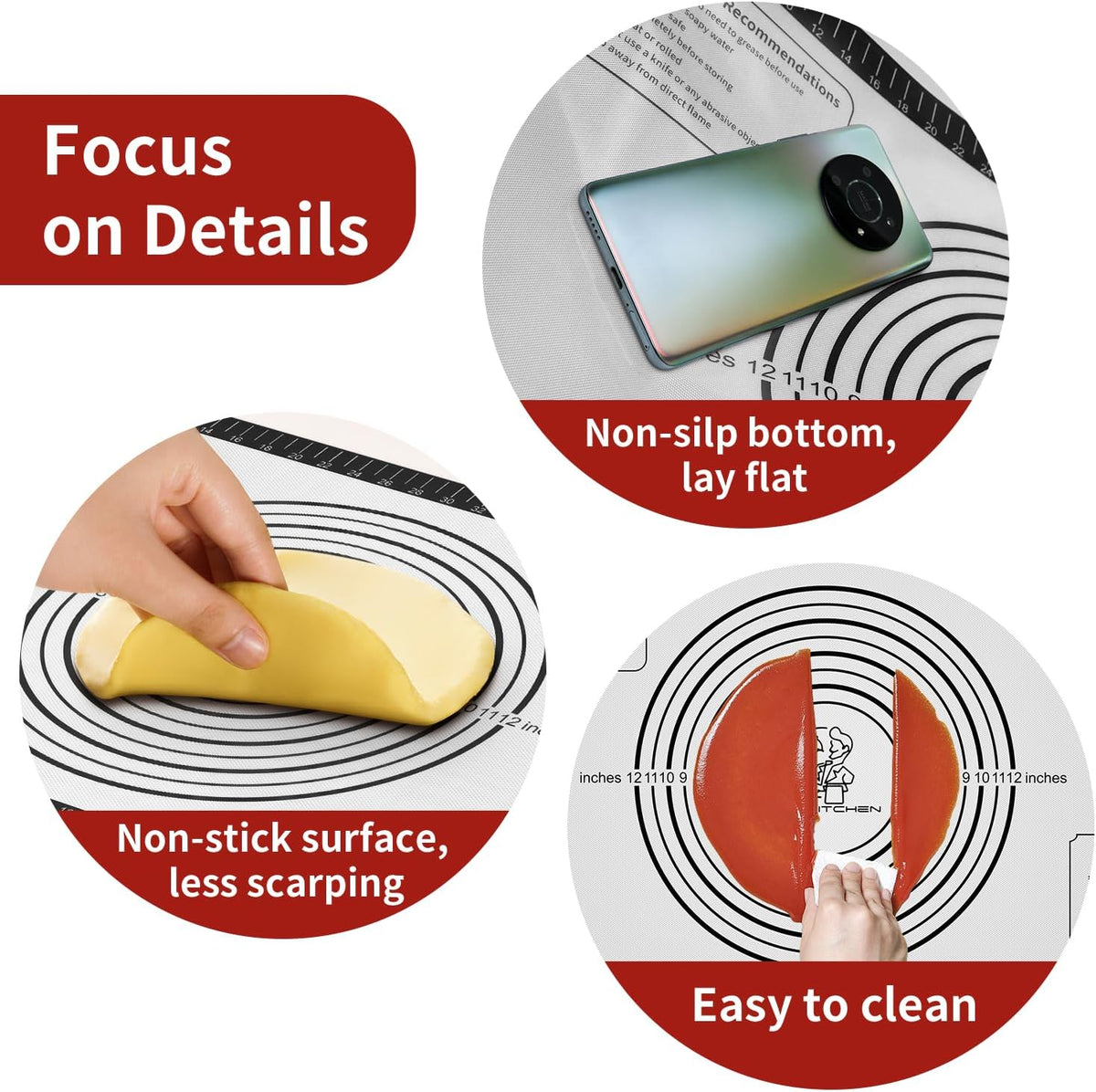 Silicone Pastry Mat for Dough Rolling, Non Stick Silicone Mat for Baking Bread, Pizza, Cookies, Macaron, Silicone Baking Mats with Measurements, Non-slip and Reusable Silicone Mat for kitchen Counter