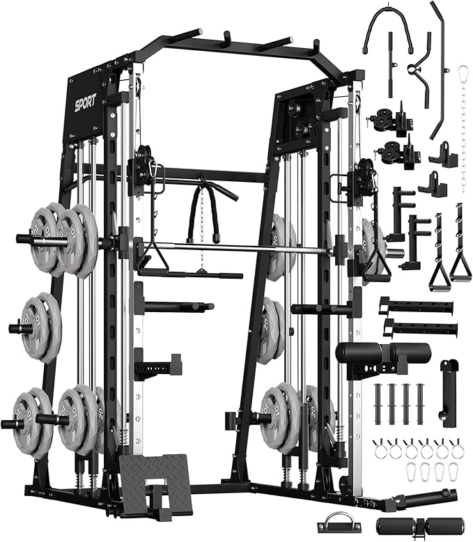 Smith Machine Home Gym All in One, 2200LBS Squat Rack Power Cage with Smith Bar, LAT Pull-Down, Cable Systems, Leg Hold-Down and More Attachments, Workout Equipment (Red Black)