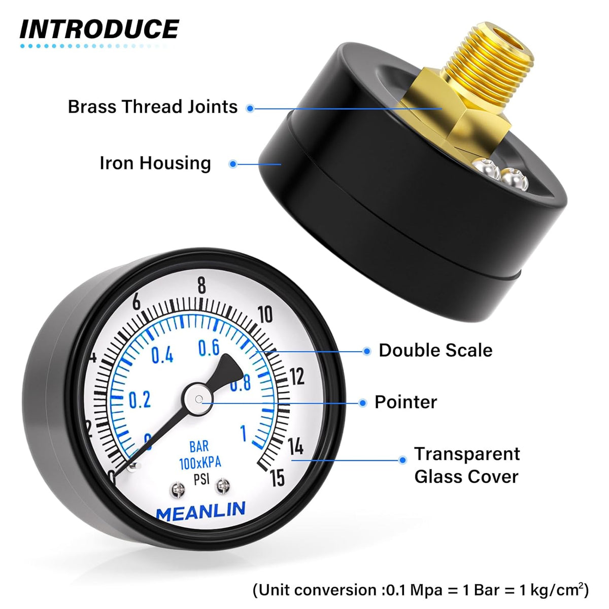 MEANLIN MEASURE 0-15Psi 2" DIAL FACE 1/4" NPT Well Pump Pressure Gauge, with 1/2" NPT and 3/8" NPT Hex Bushing, 3-2-3% Accuracy, Center Back Mount
