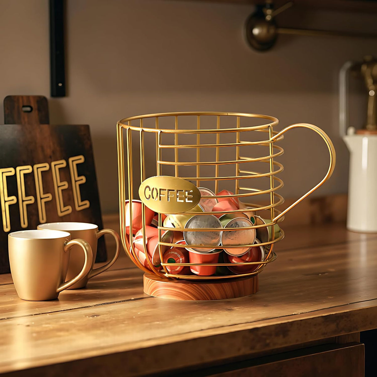 Coffee Pod Holder,Bar Accessories - Espresso Pod Holder - Large Capacity Black Wire Coffee Basket With Wooden Base