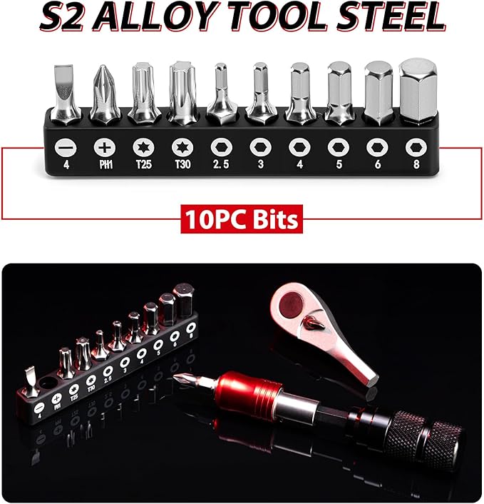 Bike Repair Tool Kit with Mini Pump & 10 Magnetic Bits - Alloy Multitool for Bicycle, MTB, Road Cycling - Portable Multifunction Tool Set Include Tire Inflator for Presta/Schrader Valves