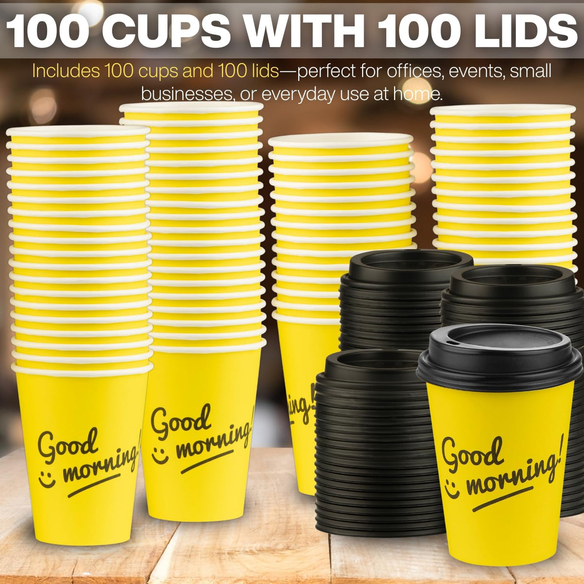 Smygoods Disposable Coffee Cups with Lids, To Go Paper Hot Cups, Good Morning Design (12 OZ, 100 Count) For Hot Beverages, Coffee, Tea, Espresso, Cocoa - Vasos Para Cafe