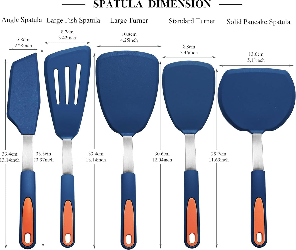 To encounter 5 Pieces Silicone Spatula Set, Non-Stick Silicone Turner Spatulas, Heat Resistance Cooking Utensils, Flip Turner for Fish, Egg, Pancake, Navy Blue