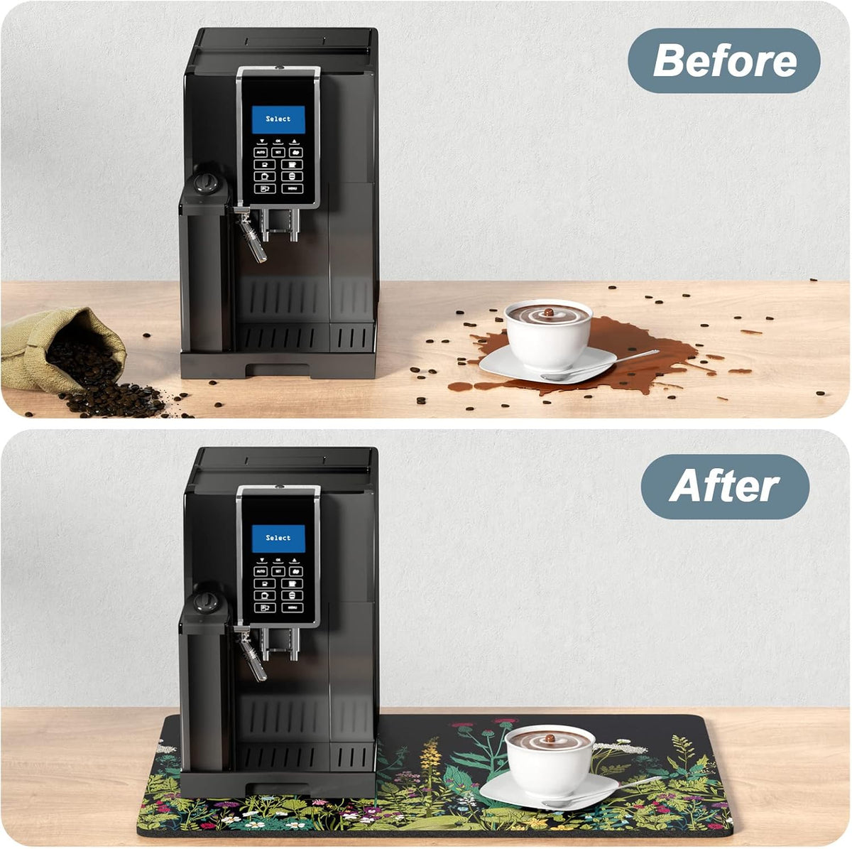 Rnivvi Coffee Mat, 16" x 24" Cute Flower Theme Coffee Bar Mats for Espresso Machine Station Accessories and Organizer, Hide Stain Rubber Backed Absorbent Dish Drying Pad for Kitchen Counter, Black