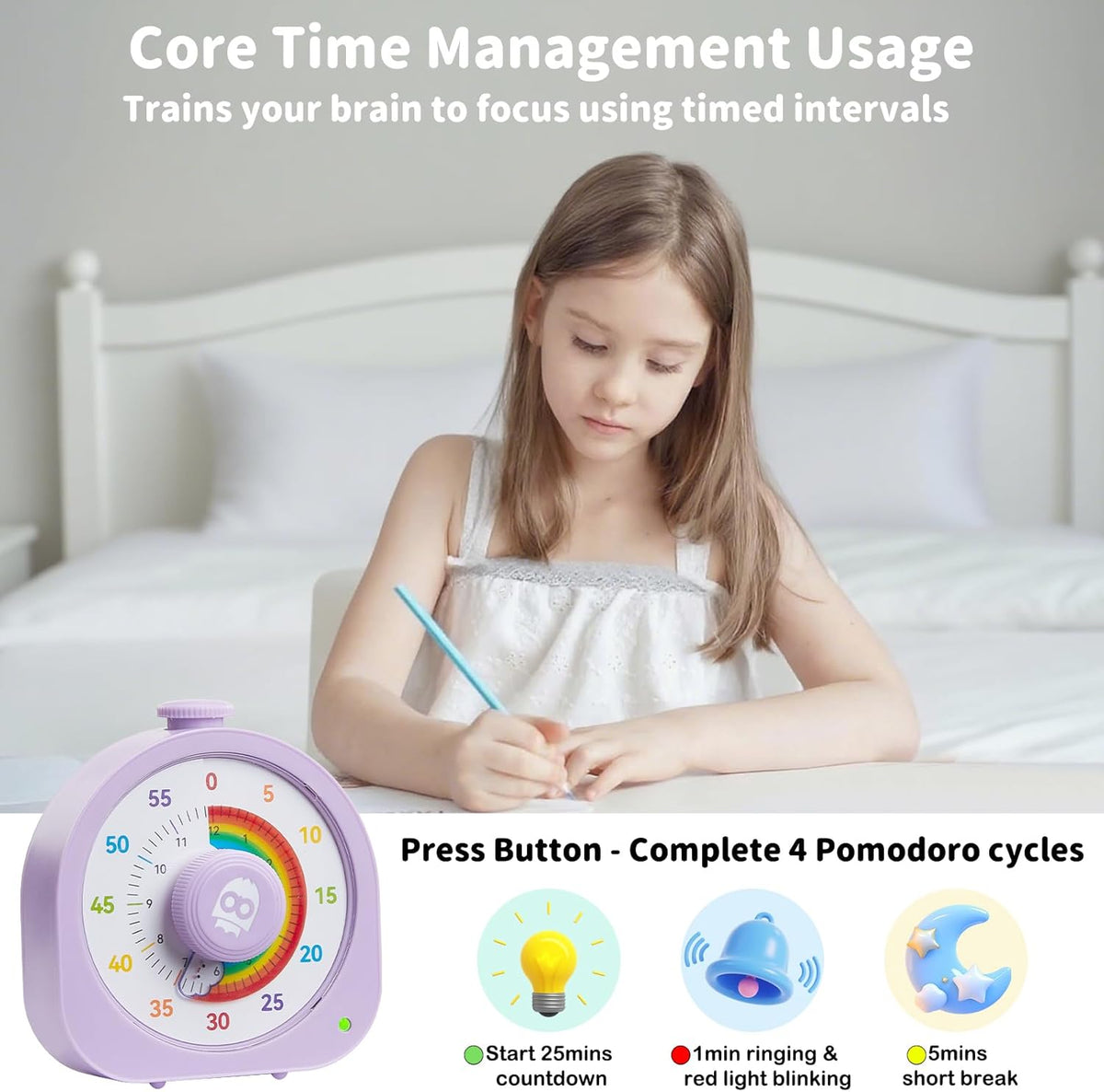 Visual Timer – Rainbow Magnetic Timer for Classroom, 60min/12h Rechargeable Countdown Timers, Silent Pomodoro Timers for Kids & Adults with ADHD