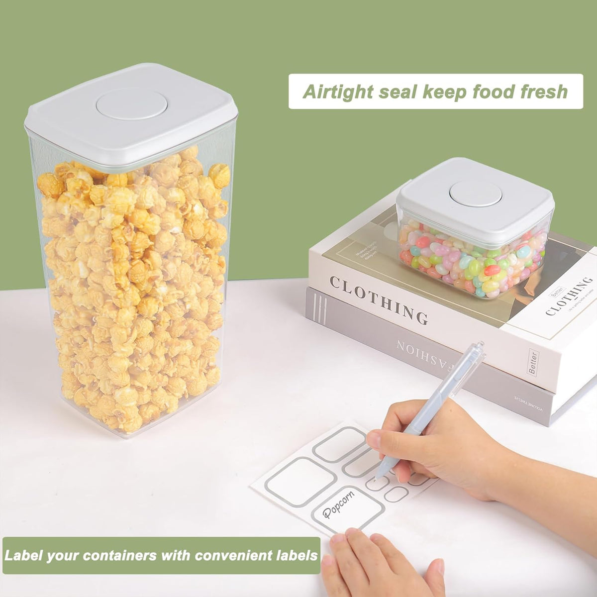 Airtight Food Storage Containers with Lids Airtight Pop Up Containers with Labels Pasta Organizer for Kitchen Pantry Cereal Snack Flour Sugar Coffee, 2700ml / 2.85qt