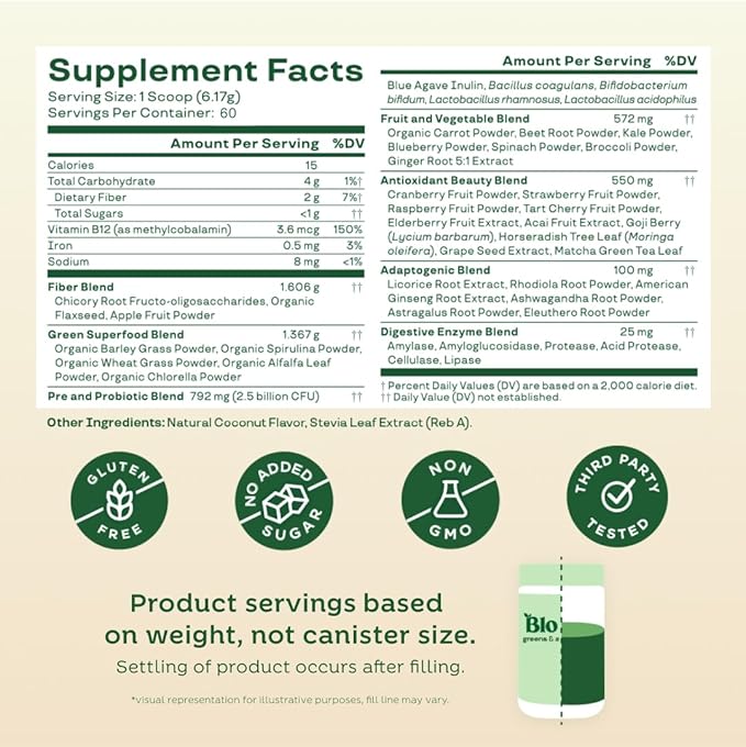 Bloom Nutrition Superfood Greens Powder, Digestive Enzymes with Probiotics and Prebiotics, Gut Health, Bloating Relief for Women, Chlorella, Green Juice Mix with Beet Root Powder, 60 SVG, Coconut