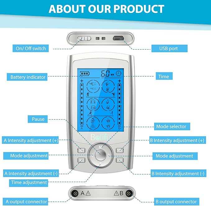 Belifu Dual Channel TENS EMS Unit 24 Modes Muscle Stimulator for Pain Relief Therapy, Electronic Pulse Massager Muscle Massager with 10 Pads, Dust-Proof Drawstring Storage Bag, Fastening Cable Ties