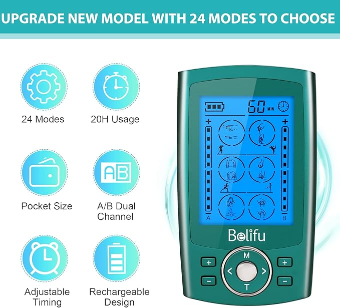 Belifu Dual Channel TENS EMS Unit 24 Modes Muscle Stimulator for Pain Relief Therapy, Electronic Pulse Massager Muscle Massager with 10 Pads, Dust-Proof Drawstring Storage Bag, Fastening Cable Ties