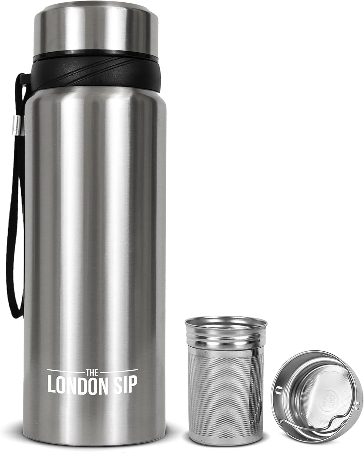 London Sip 25 oz Multi-Function Travel Mug and Tumbler Tea Infuser Water Bottle Fruit Infuser Flask Hot and Cold Double Wall Stainless Steel Coffee Thermos, Cosmic Silver