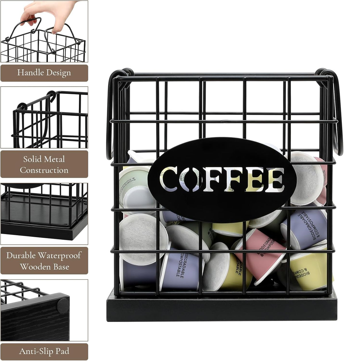 Coffee Pod Holder Organizer,Large Capacity K Cup Holder Organizer, Storage Basket for Kitchen Countertop Office Coffee Bar with Wooden Base(Rustic Black-Square)
