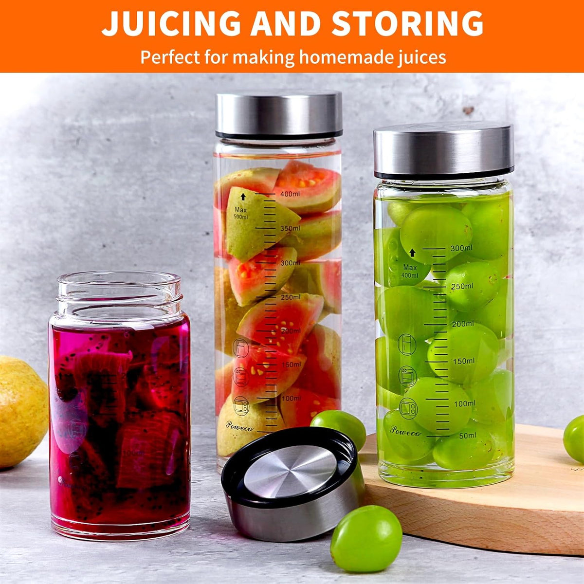 Glass Juice Bottles 6 Pack 12 oz - Wide Mouth Glass Water Bottles with Lids - for Juicing, Protein, Smoothie, Milk, Reusable, BPA Free, Stainless Steel Lids, Blender, Shaker Bottle (12oz/400ml)