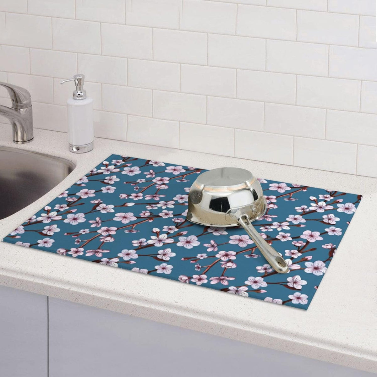 Cherry Blossom Dish Drying Mat, Branch Floral Microfiber Absorbent Drying Mats Reversible Kitchen Countertop Protector Dishes Drainer Rack Pad 18x24 Inch (Blue)