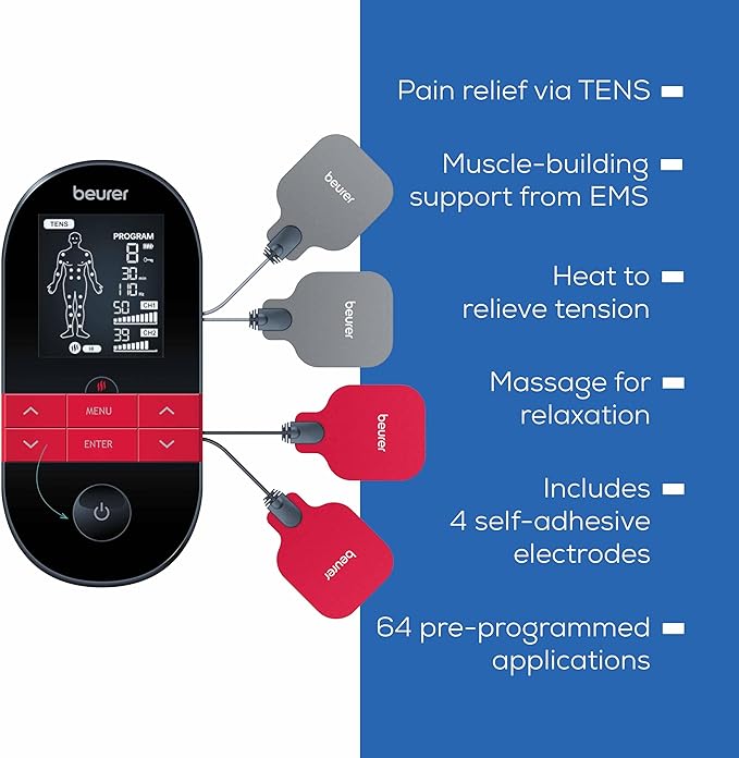 Beurer EM59 Digital 3-in-1 TENS, EMS & Heat Therapy Device for Pain Relief and Massage, Muscle Stimulator with 2 Adjustable Channels, 64 Applications, Timer Function