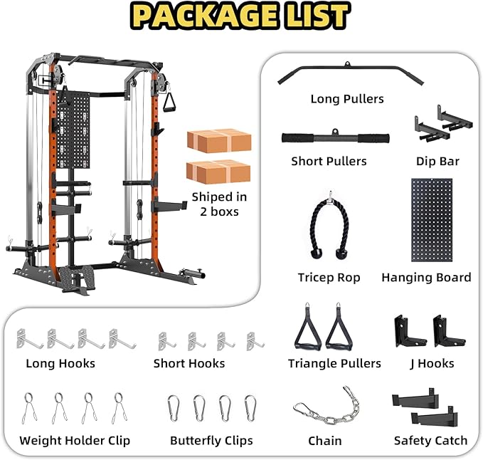 Power Cage, Squat Rack with Cable Crossover and Dual Independent Pulley System, 2000LB Capacity Workout Cage with More Training Attachments, Power Rack for Home Gym