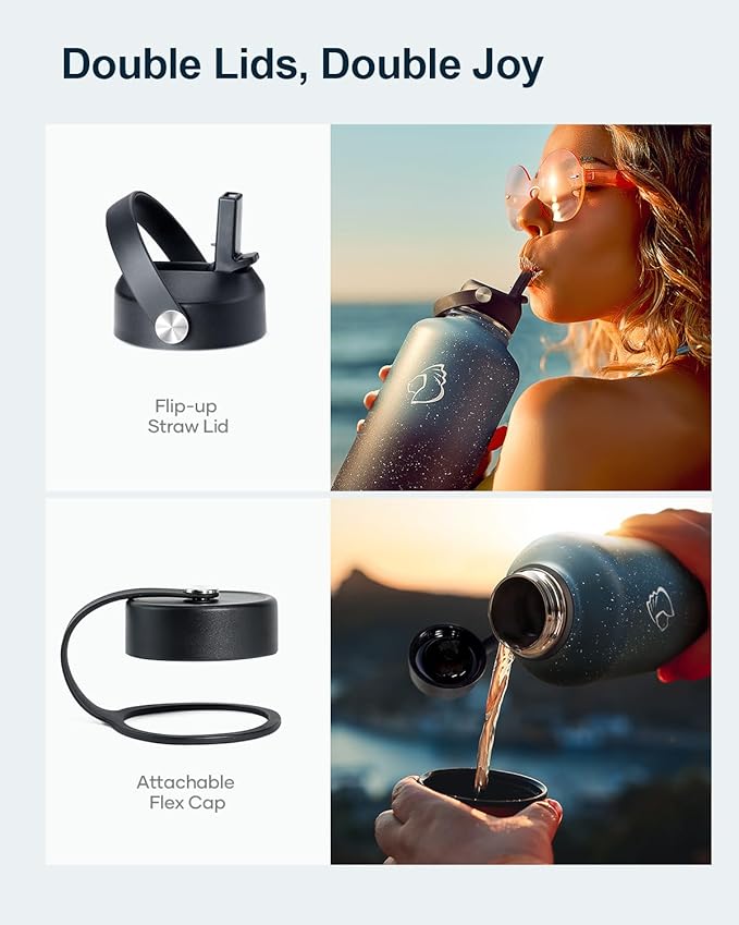 BUZIO 64oz Insulated Water Bottle with Straw Lid, Half Gallon Double Wall Food-Grade Stainless Steel Water Bottle with Carrying Pouch, Wide Mouth BPA-Free Sweat-Proof Sports Water Flask, Keep Hot Cold