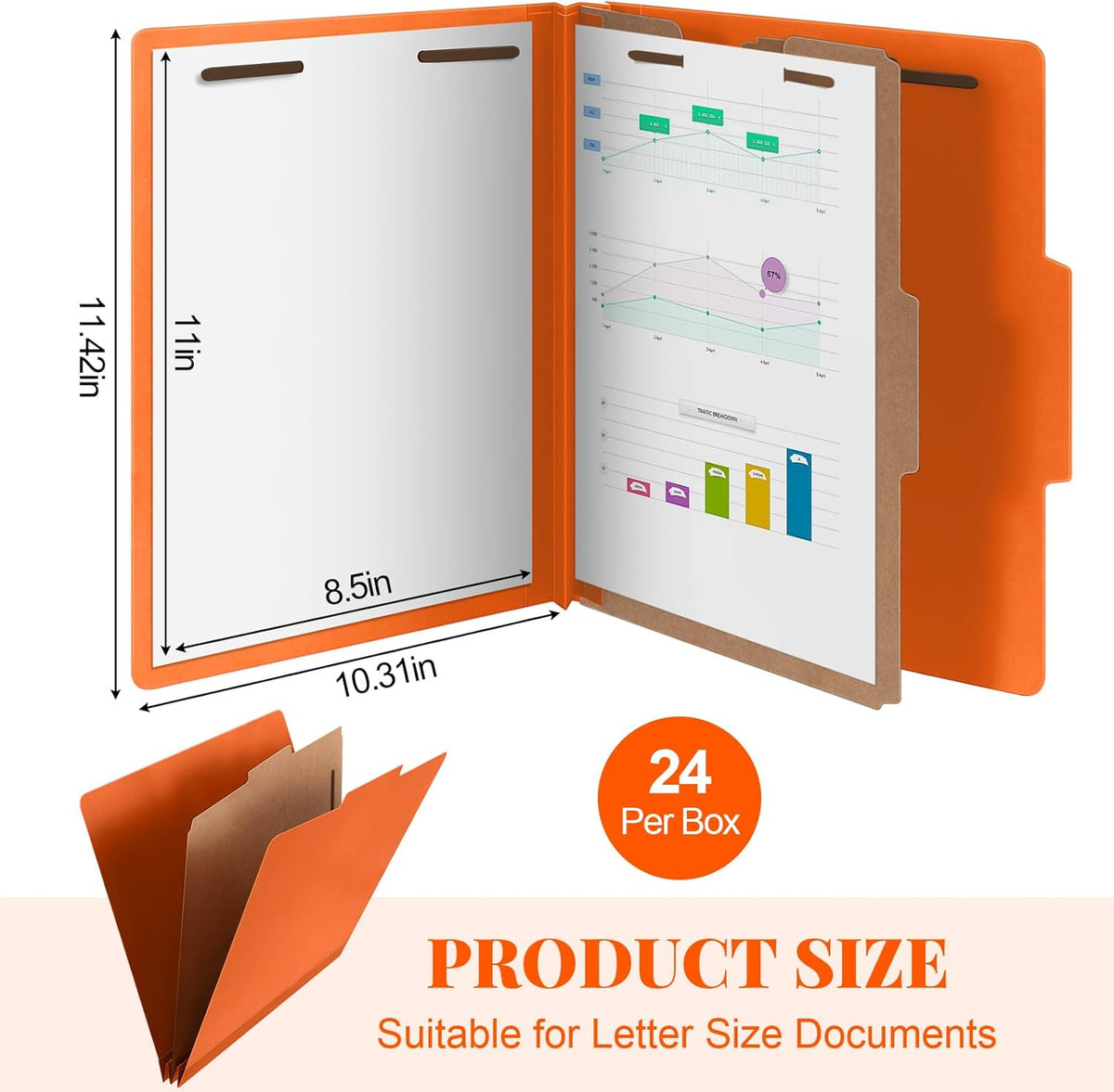24 Pcs Classification Folders Letter Size, Back to School Supply for Teacher, Student, 1 Divider Pressboard File Folder Bulk with 2 Fasteners, 3.5 Inch Expanding File Organizer (Orange)