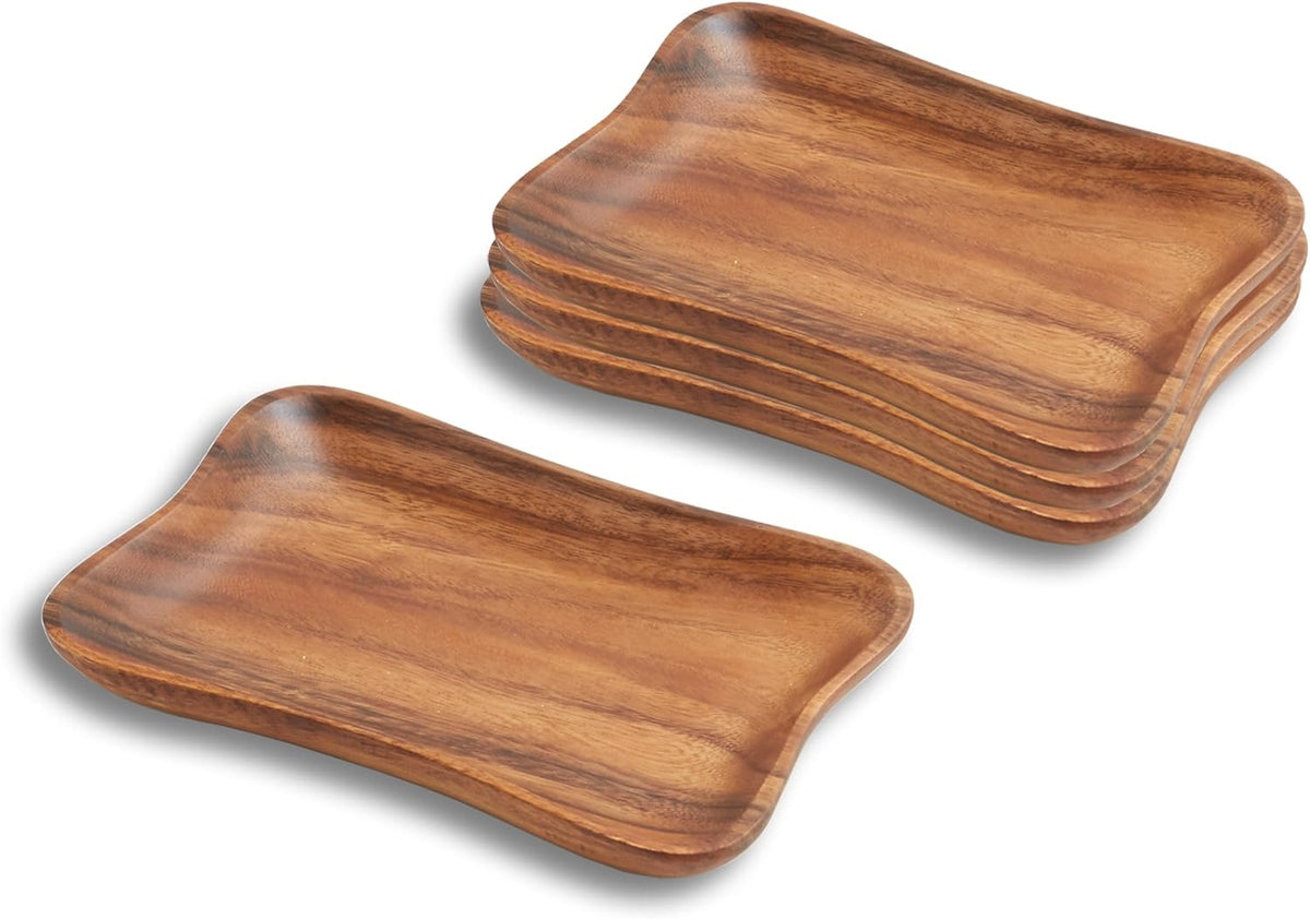 Woodard & Charles Set of 4 Acacia Wood Pinched Tray for Charcuterie, Sushi, Dessert, Fruit and More, 7.5" x 5.25"