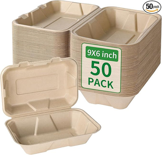 Aricsen Compostable 50 Pack 9x6 Inch Takeout Lunch Box Containers with Lid To Go Take Out Clamshell for Food, Disposable Eco-Friendly Biodegradable Bagasse, PFAS-Free, Brown