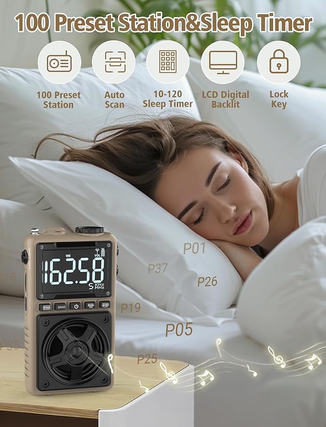 Bluetooth AM FM Shortwave Radio with NOAA Weather Alert,1250mAh Rechargeable Portable Pocket Radio with Best Reception,5W Big Speaker, Digital Tuner and Earphone,Support SD Card and USB Player（Brown）